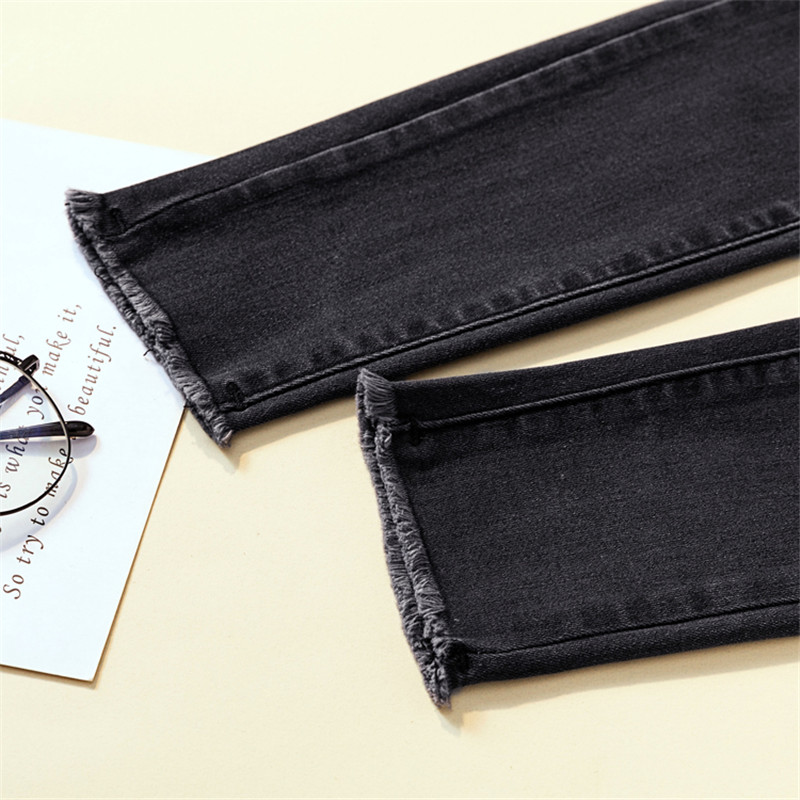 Ženske traper hlače Ženske rastezljive traperice visokog struka Crne uske pencil hlače Modne ležerne hlače s resicama do gležnja Femme