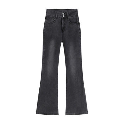 Crno sive lepršave traperice Ženske elastične hlače visokog struka Hot Girls Retro ulična moda Ravne hlače širokih nogavica