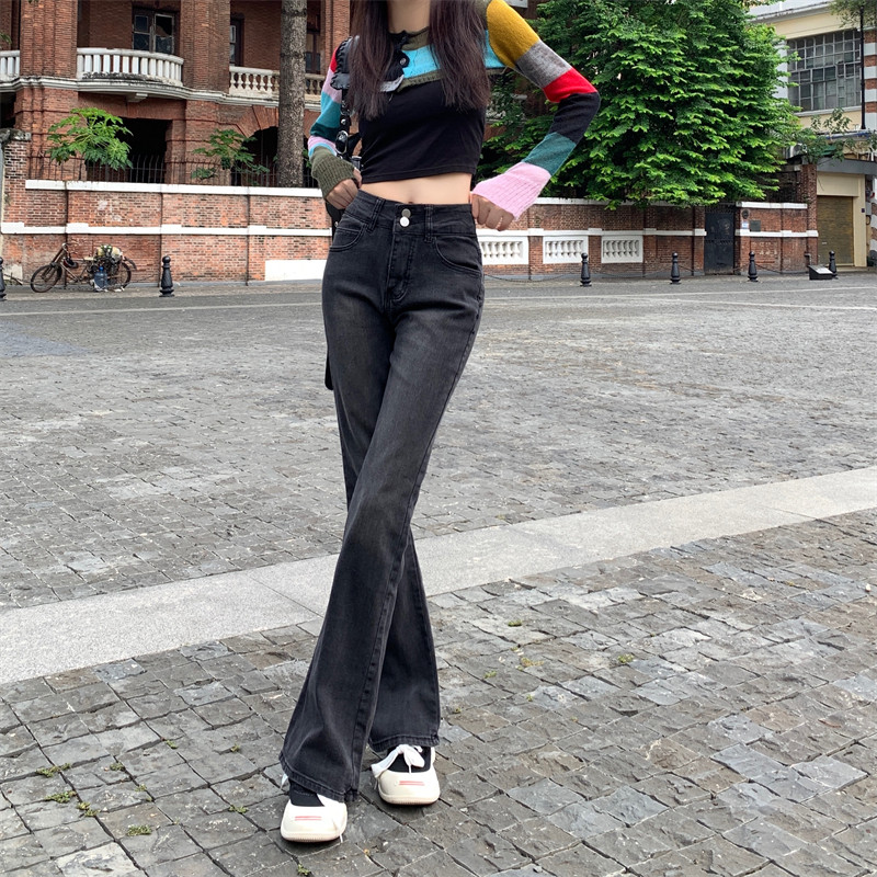 Crno sive lepršave traperice Ženske elastične hlače visokog struka Hot Girls Retro ulična moda Ravne hlače širokih nogavica