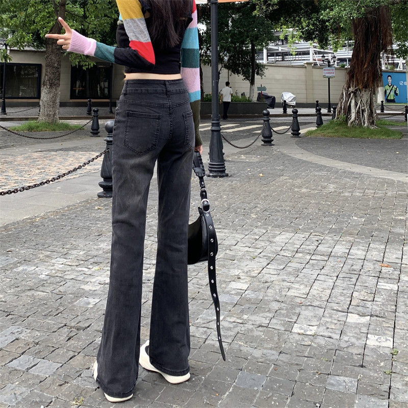 Crno sive lepršave traperice Ženske elastične hlače visokog struka Hot Girls Retro ulična moda Ravne hlače širokih nogavica