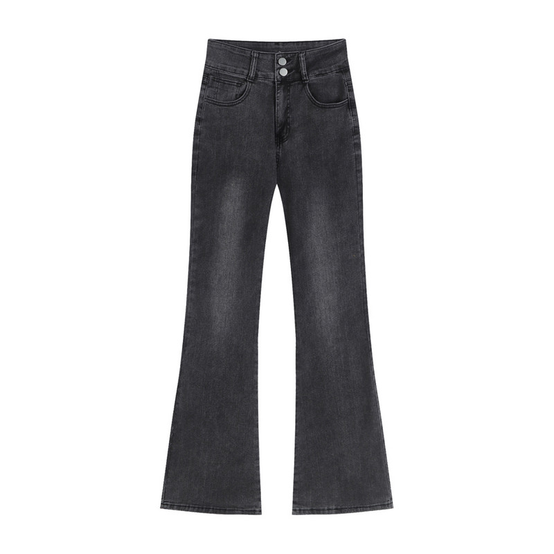 Crno sive lepršave traperice Ženske elastične hlače visokog struka Hot Girls Retro ulična moda Ravne hlače širokih nogavica