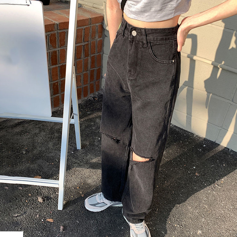 Juodi džinsai aukštu juosmeniu, plėšyti tiesiomis kojomis, moteriškos laisvos ir plonos užuolaidos, plačios šluostomos kelnės Gatvės drabužiai, moteriškos kelnės