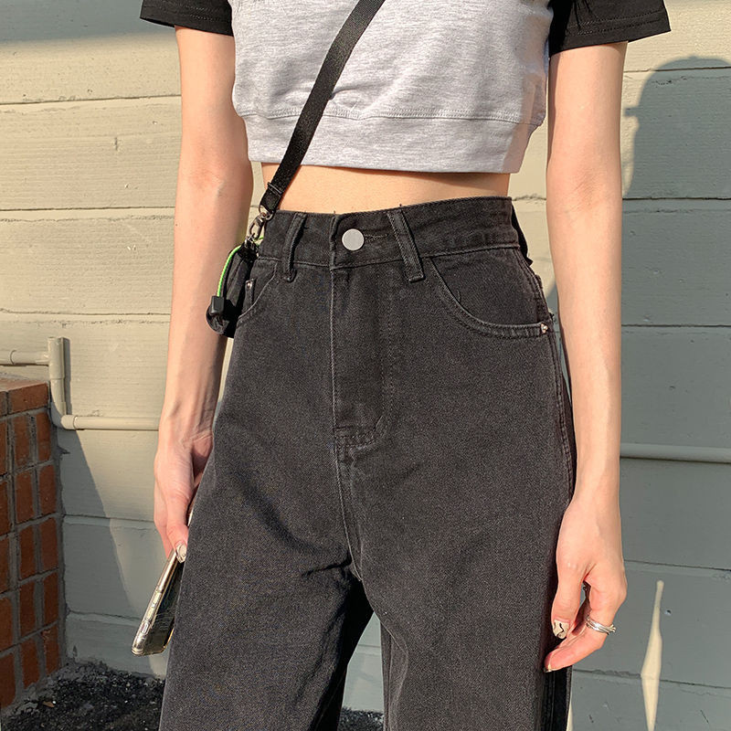 Juodi džinsai aukštu juosmeniu, plėšyti tiesiomis kojomis, moteriškos laisvos ir plonos užuolaidos, plačios šluostomos kelnės Gatvės drabužiai, moteriškos kelnės