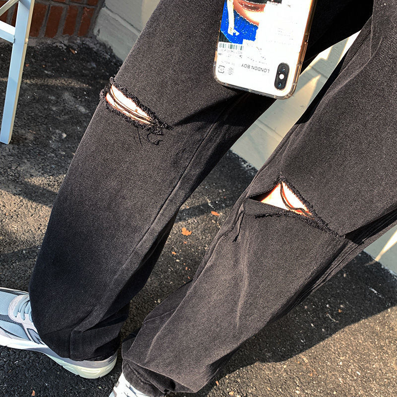Juodi džinsai aukštu juosmeniu, plėšyti tiesiomis kojomis, moteriškos laisvos ir plonos užuolaidos, plačios šluostomos kelnės Gatvės drabužiai, moteriškos kelnės