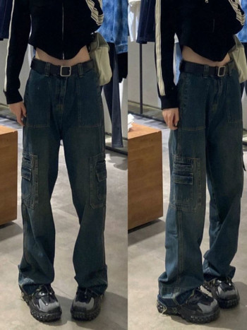 Γυναικεία Vintage Washed Jeans High Street Χαλαρά ταλαιπωρημένα τζιν ψηλόμεση American Casual Fashion Street Hip Hop Φαρδύ παντελόνι