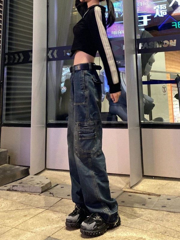 Ženske vintage isprane traperice High Street široke traperice s visokim strukom, američka ležerna moda Ulične hip hop hlače širokih nogavica