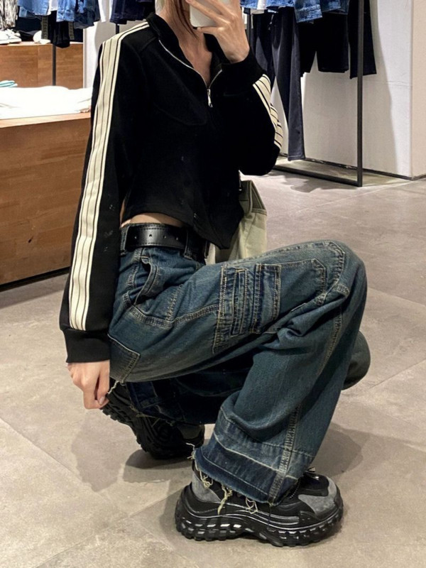 Ženske vintage isprane traperice High Street široke traperice s visokim strukom, američka ležerna moda Ulične hip hop hlače širokih nogavica