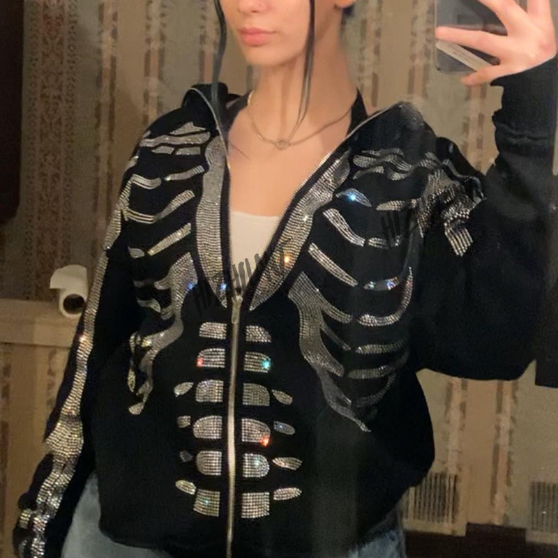 Ženska Y2k modna majica s kapuljačom s kapuljačom i vještim dijamantom, grunge ženska majica s kapuljačom s patentnim zatvaračem, punk Harajuku Gornja odjeća dugih rukava