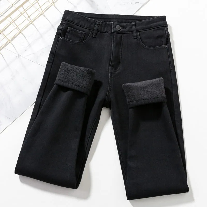 Winter Plus sametsinised pliiatsiga teksad paksud, soojad naiste keskmise vöökohaga kitsad Vaqueros mood pliisid denim Capris õhukesed teksapüksid