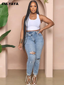 CM.YAYA Ženske ulične traper hlače s dugmadima, ljetne modne hlače 2023 INS, klasične rastezljive poderane traper hlače