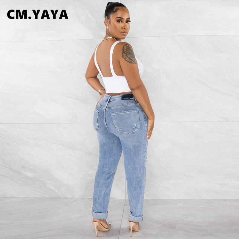 CM.YAYA Ženske ulične traper hlače s dugmadima, ljetne modne hlače 2023 INS, klasične rastezljive poderane traper hlače