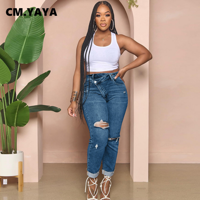 CM.YAYA Ženske ulične traper hlače s dugmadima, ljetne modne hlače 2023 INS, klasične rastezljive poderane traper hlače