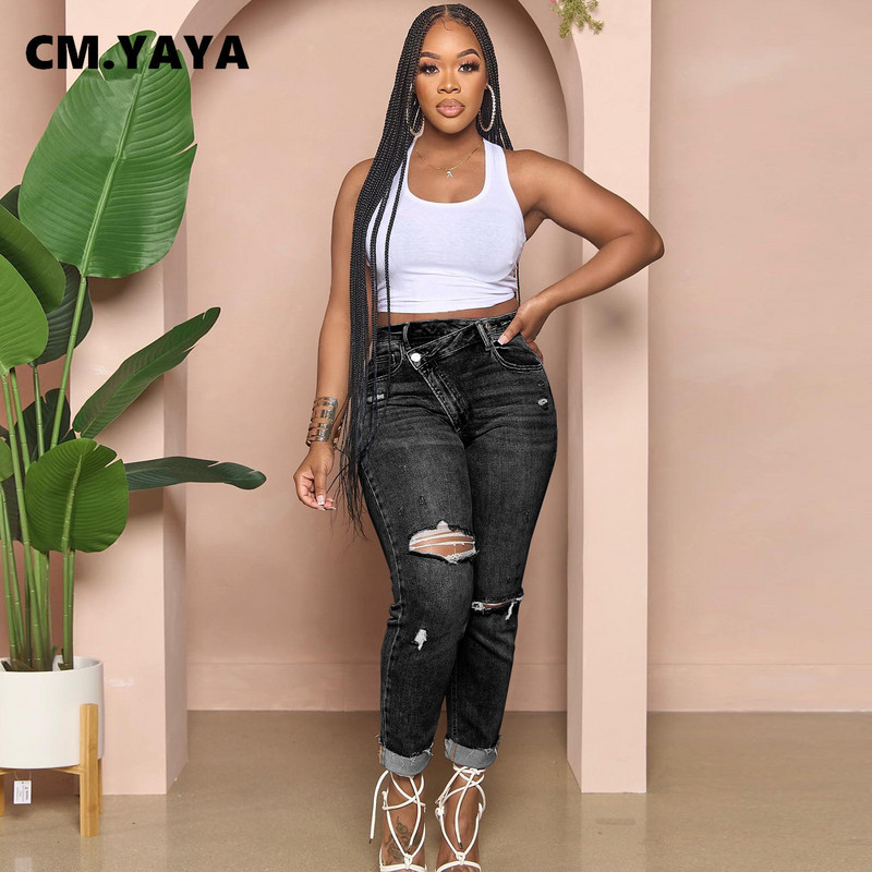 CM.YAYA Ženske ulične traper hlače s dugmadima, ljetne modne hlače 2023 INS, klasične rastezljive poderane traper hlače