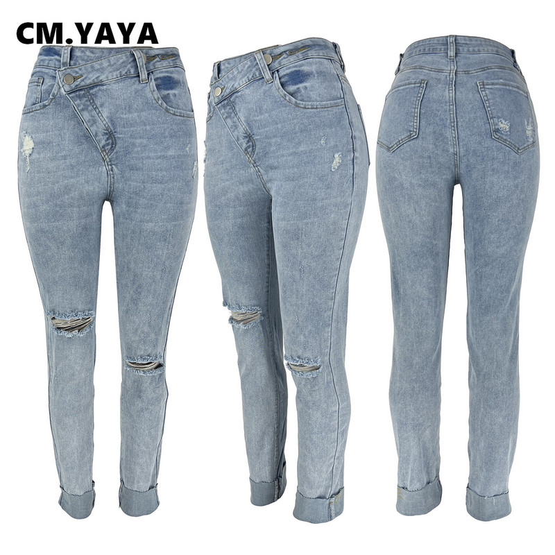 CM.YAYA Ženske ulične traper hlače s dugmadima, ljetne modne hlače 2023 INS, klasične rastezljive poderane traper hlače