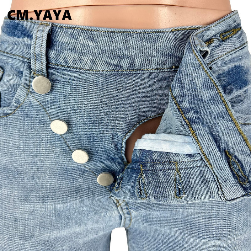 CM.YAYA Ženske ulične traper hlače s dugmadima, ljetne modne hlače 2023 INS, klasične rastezljive poderane traper hlače