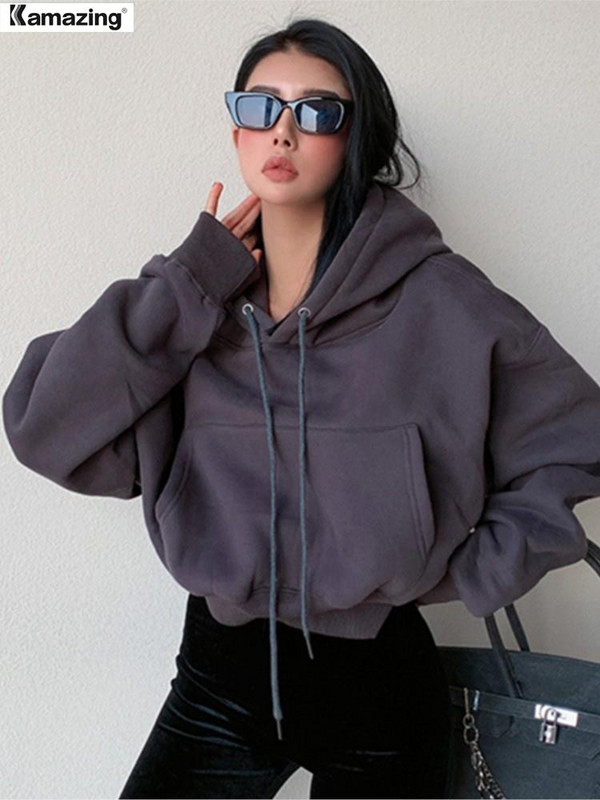 Χειμερινές γυναικείες κουκούλες από μασίφ Fleece Ρούχα με μακρυμάνικο μπλουζάκια με φαρδιά τσέπη Γυναικείο πουλόβερ