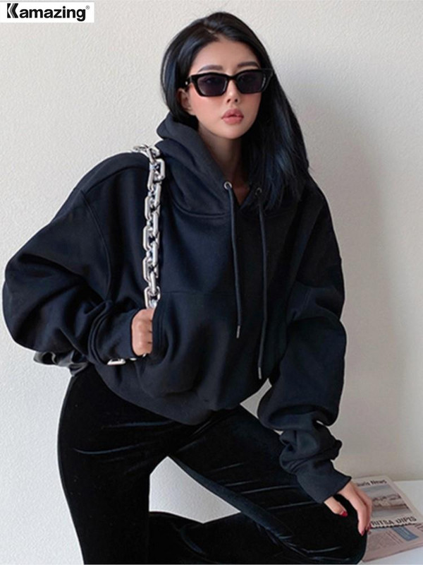 Χειμερινές γυναικείες κουκούλες από μασίφ Fleece Ρούχα με μακρυμάνικο μπλουζάκια με φαρδιά τσέπη Γυναικείο πουλόβερ