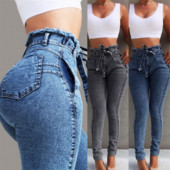Proljeće 2022. Ženske traperice visokog struka Slim Stretch Denim Jean Bodycon S resicama Pojas Bandage Skinny Push Up traperice Ženska odjeća 5XL