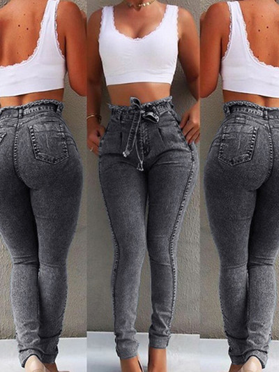Proljeće 2022. Ženske traperice visokog struka Slim Stretch Denim Jean Bodycon S resicama Pojas Bandage Skinny Push Up traperice Ženska odjeća 5XL