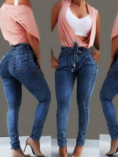Proljeće 2022. Ženske traperice visokog struka Slim Stretch Denim Jean Bodycon S resicama Pojas Bandage Skinny Push Up traperice Ženska odjeća 5XL