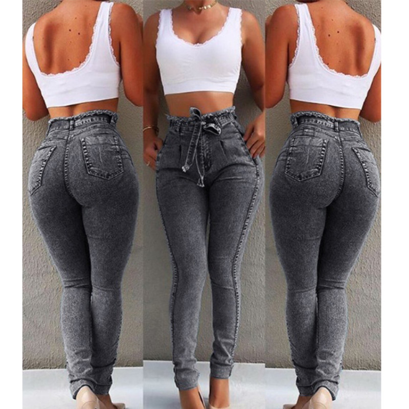 Proljeće 2022. Ženske traperice visokog struka Slim Stretch Denim Jean Bodycon S resicama Pojas Bandage Skinny Push Up traperice Ženska odjeća 5XL