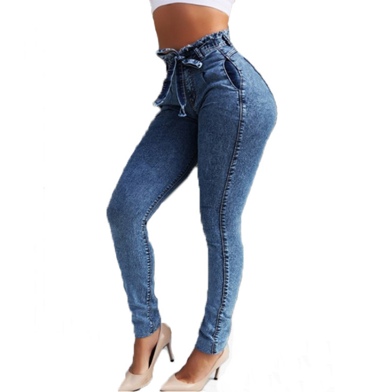 Proljeće 2022. Ženske traperice visokog struka Slim Stretch Denim Jean Bodycon S resicama Pojas Bandage Skinny Push Up traperice Ženska odjeća 5XL