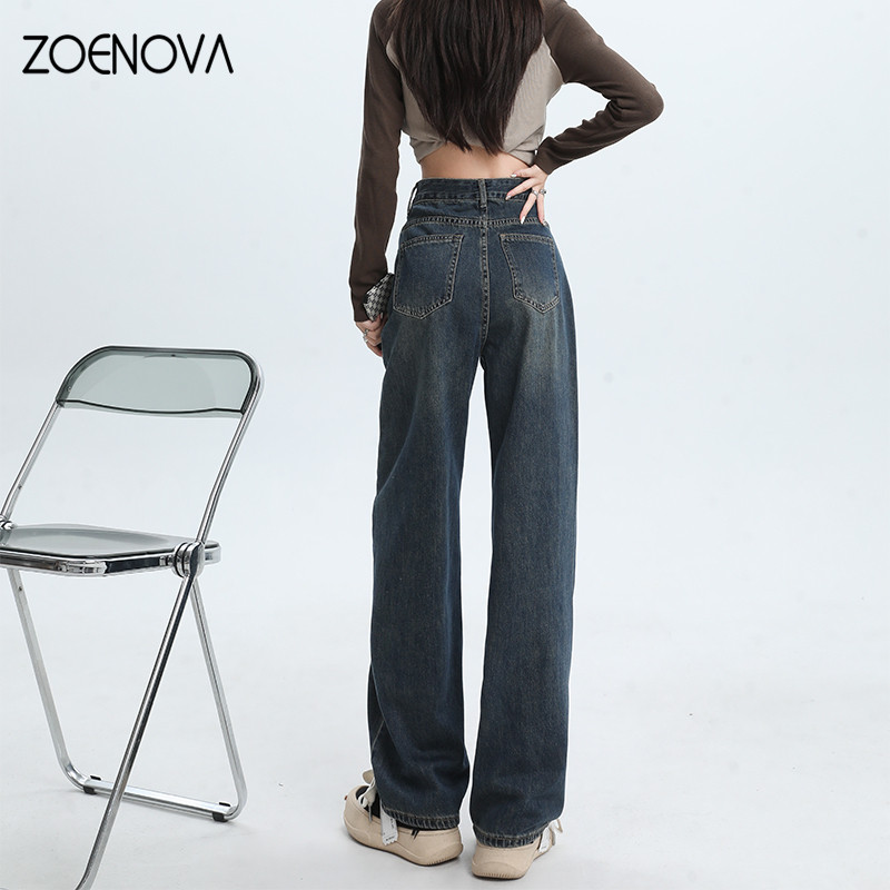 ZOENOVA Jesenske vintage tamnoplave ženske traperice visokog struka, američke modne ulične široke 2023. široke traper hlače