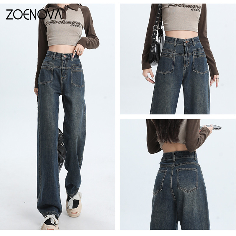 ZOENOVA Jesenske vintage tamnoplave ženske traperice visokog struka, američke modne ulične široke 2023. široke traper hlače