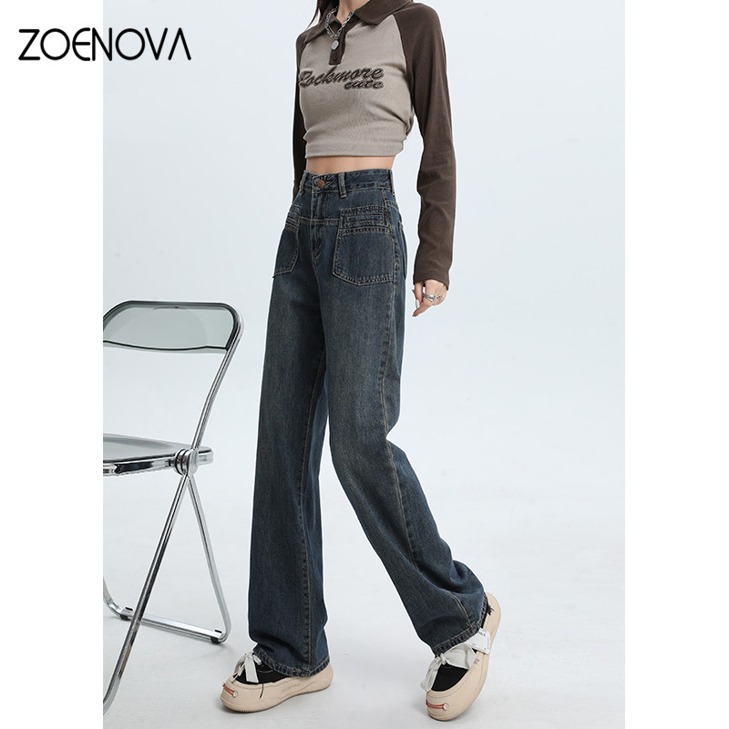 ZOENOVA Jesenske vintage tamnoplave ženske traperice visokog struka, američke modne ulične široke 2023. široke traper hlače