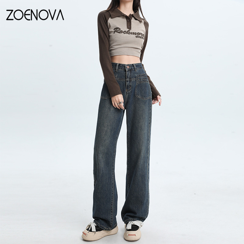 ZOENOVA Jesenske vintage tamnoplave ženske traperice visokog struka, američke modne ulične široke 2023. široke traper hlače