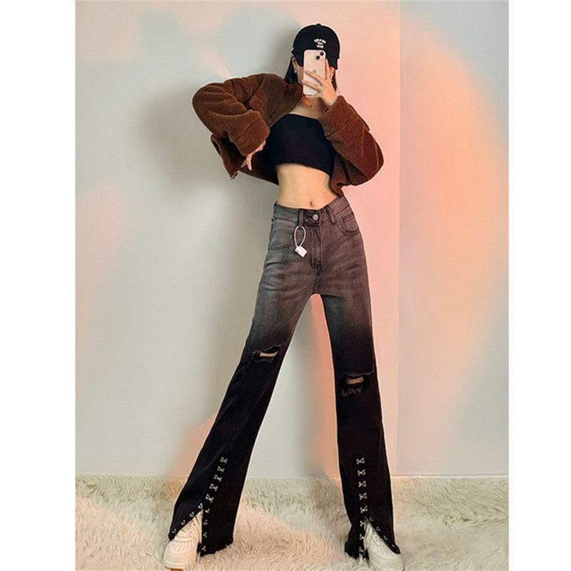 Lepršave traperice Ženske traper hlače visokog struka Za žene Poderane elastične uske modne klasične traperice širokih nogavica za slobodno vrijeme