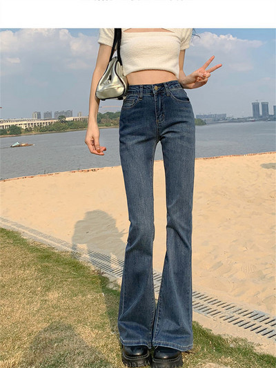 Button Fly Γυναικείο Raw Hem Flare Jeans Φθινοπωρινή μόδα Γυναικείο τζιν παντελόνι Jean Femme ψηλόμεση Ολόσωμο λεπτό τζιν γυναικείο παντελόνι