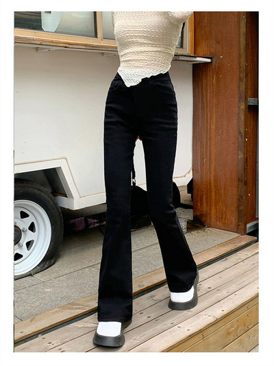 Button Fly Γυναικείο Raw Hem Flare Jeans Φθινοπωρινή μόδα Γυναικείο τζιν παντελόνι Jean Femme ψηλόμεση Ολόσωμο λεπτό τζιν γυναικείο παντελόνι