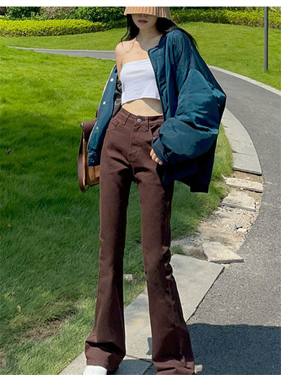 Button Fly Γυναικείο Raw Hem Flare Jeans Φθινοπωρινή μόδα Γυναικείο τζιν παντελόνι Jean Femme ψηλόμεση Ολόσωμο λεπτό τζιν γυναικείο παντελόνι