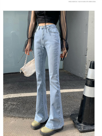 Button Fly Γυναικείο Raw Hem Flare Jeans Φθινοπωρινή μόδα Γυναικείο τζιν παντελόνι Jean Femme ψηλόμεση Ολόσωμο λεπτό τζιν γυναικείο παντελόνι