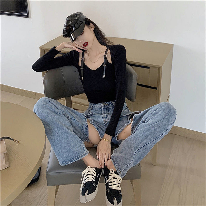 Plyšę džinsai moterims, aukštu juosmeniu, iškirptomis skylutėmis. Kutas Sujungimas Džinsai Kelnės Vintažinės tamprios platėjančios džinsinės kelnės