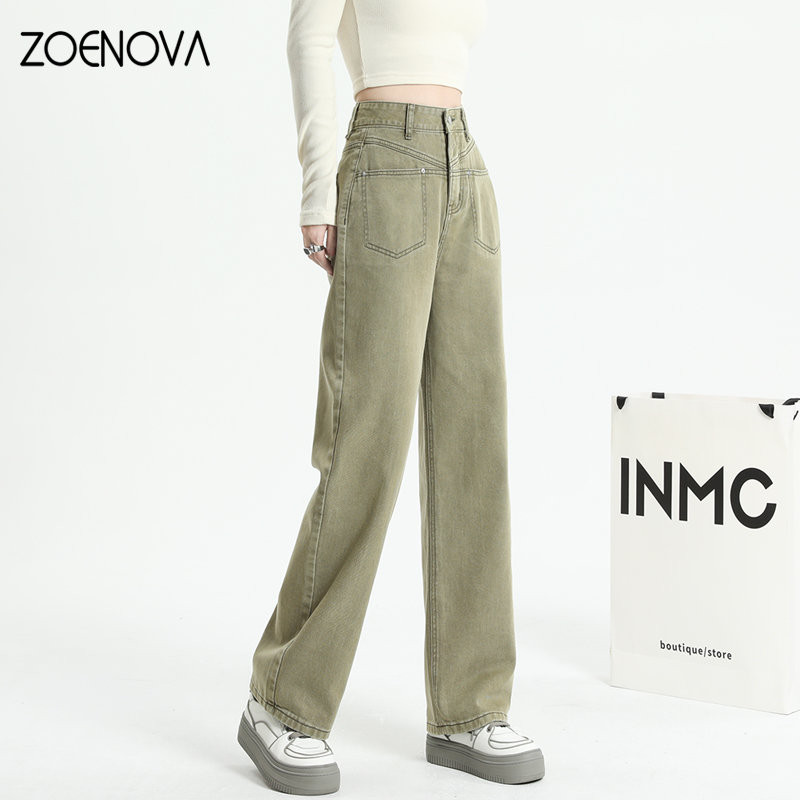 ZOENOVA Candy Pink Green Χρώμα Y2K Ανοιξιάτικο μοντέρνο τζιν High Street Elastic Hotsweet Γυναικείο Παντελόνι Μονόχρωμο Φαρδύ παντελόνι