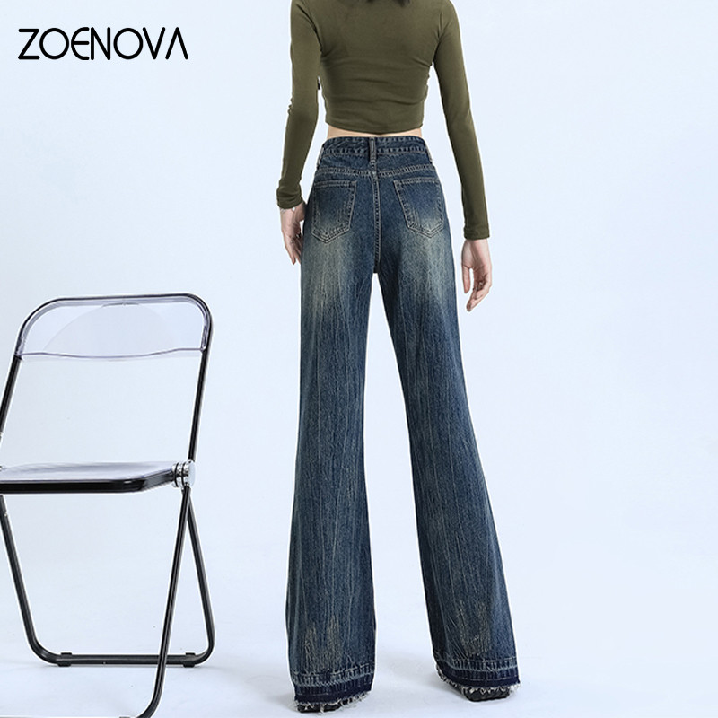 ZOENOVA Fashion New American Retro Fur Edge Micro Flare Elastic Free Jeans Γυναικείο ψηλόμεσο λεπτό πικάντικο τζιν παντελόνι σε στυλ κοριτσιού