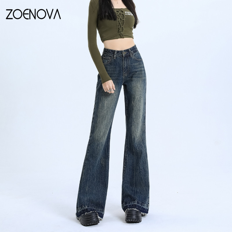 ZOENOVA Fashion New American Retro Fur Edge Micro Flare Elastic Free Jeans Γυναικείο ψηλόμεσο λεπτό πικάντικο τζιν παντελόνι σε στυλ κοριτσιού