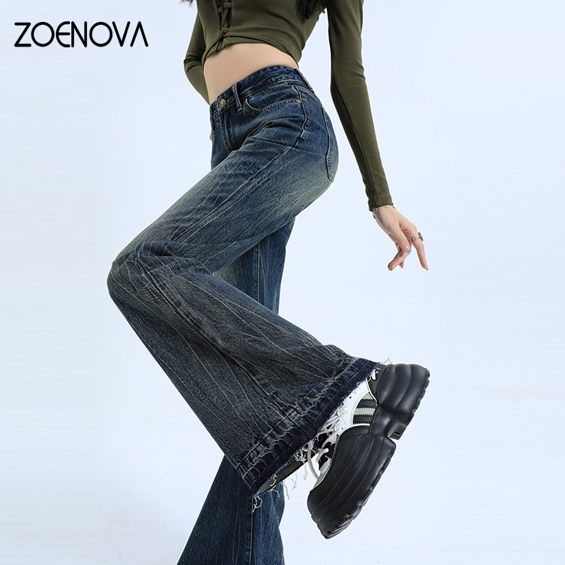 ZOENOVA Fashion New American Retro Fur Edge Micro Flare Elastic Free Jeans Γυναικείο ψηλόμεσο λεπτό πικάντικο τζιν παντελόνι σε στυλ κοριτσιού