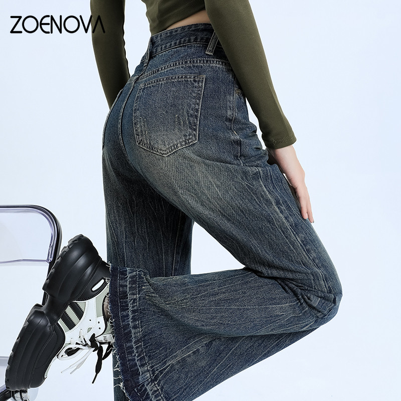 ZOENOVA Fashion New American Retro Fur Edge Micro Flare Elastic Free Jeans Γυναικείο ψηλόμεσο λεπτό πικάντικο τζιν παντελόνι σε στυλ κοριτσιού