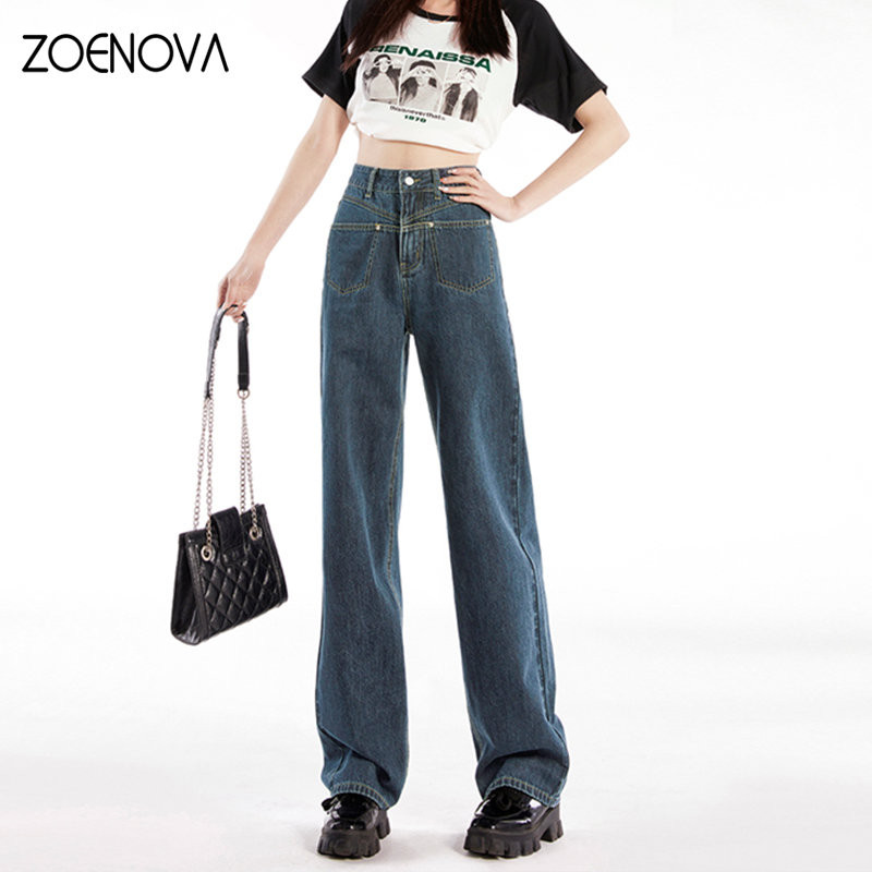 ZOENOVA Y2K Κορεάτικο νέο στιλ γυναικεία μοντέρνα παντελόνια Φαρδιά παντελόνια με φαρδύ ψηλόμεσο Vintage μπλε καυτά τζιν για κορίτσια