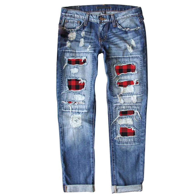 Ženske poderane traperice s Buffalo kariranim uzorkom Patchworks Regular kroja Duge ležerne traperice s rupama