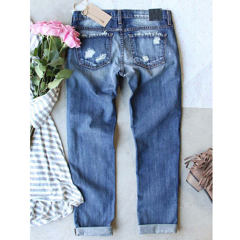 Ženske poderane traperice s Buffalo kariranim uzorkom Patchworks Regular kroja Duge ležerne traperice s rupama