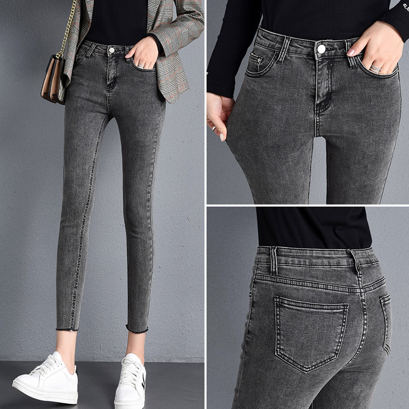 Γυναικείο ψηλόμεσο μονόχρωμο Stretch Skinny Jeans παντελόνι μόδας γυναικείο πλυμένο μαύρο γκρι Λεπτό μολύβι μαμά Παντελόνι Jean Denim