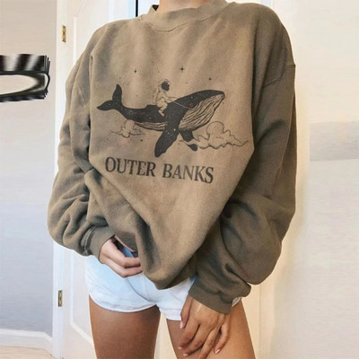 Retro prevelike majice s kapuljačom Ženska majica s kapuljačom s kitovim otiskom za ženu Sweatshirt Ležerna majica s kapuljačom Ženski oversize pulover s okruglim ovratnikom