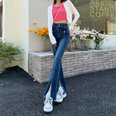 ZOENOVA Y2K Ženske novi temperamentni trend široke nogavice Mikro lepršave hlače s razdvojenim ženskim ukrasima na gumbe Ulična odjeća široke traperice Odjeća