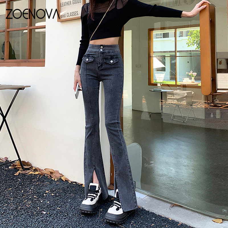 ZOENOVA Y2K Ženske novi temperamentni trend široke nogavice Mikro lepršave hlače s razdvojenim ženskim ukrasima na gumbe Ulična odjeća široke traperice Odjeća