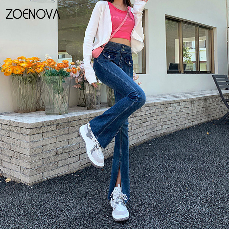 ZOENOVA Y2K Ženske novi temperamentni trend široke nogavice Mikro lepršave hlače s razdvojenim ženskim ukrasima na gumbe Ulična odjeća široke traperice Odjeća