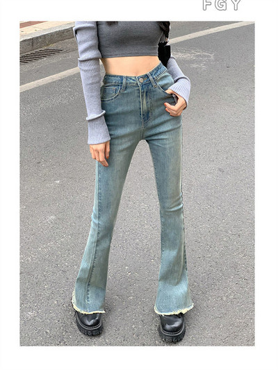 Põlevad teksad Naine kõrge vöökohaga teksapüksid naistele Sinised elastsed kitsad mood Klassikalised vaba aja laia säärega püksid naiste teksad